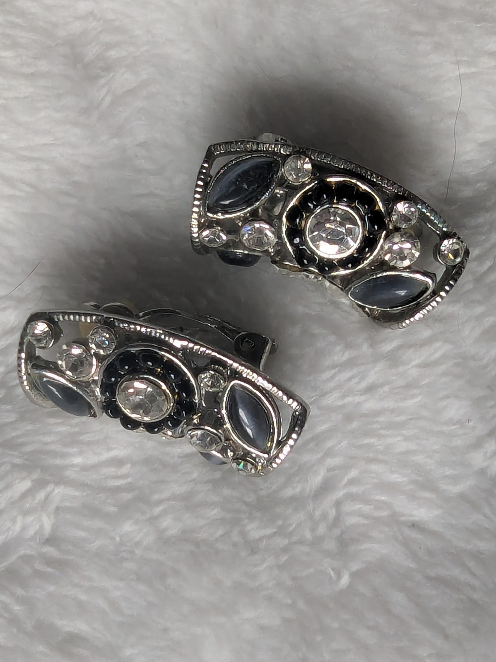 Silver Tone Black and Clear Crystal Clip-On Earrings
